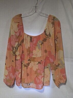 DR2 Floral Peach Long-Sleeve Peasant Blouse - Brand Unspecified